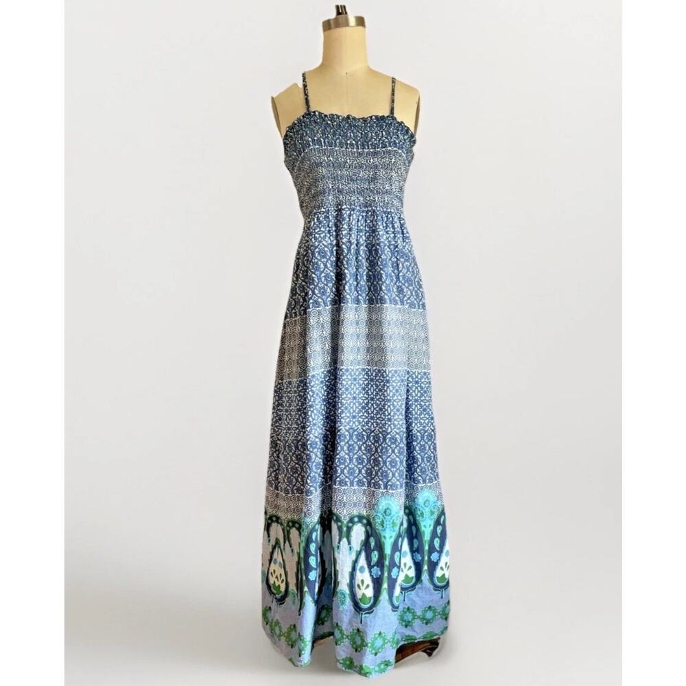 Miss Me L 100% Cotton Boho Smocked Maxi Dress Flowy Made in India Summer Casual